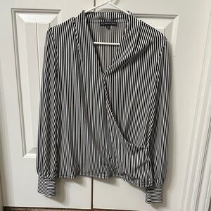 Adrianna Papell Black and White Vertical Stripe Wrap Blouse